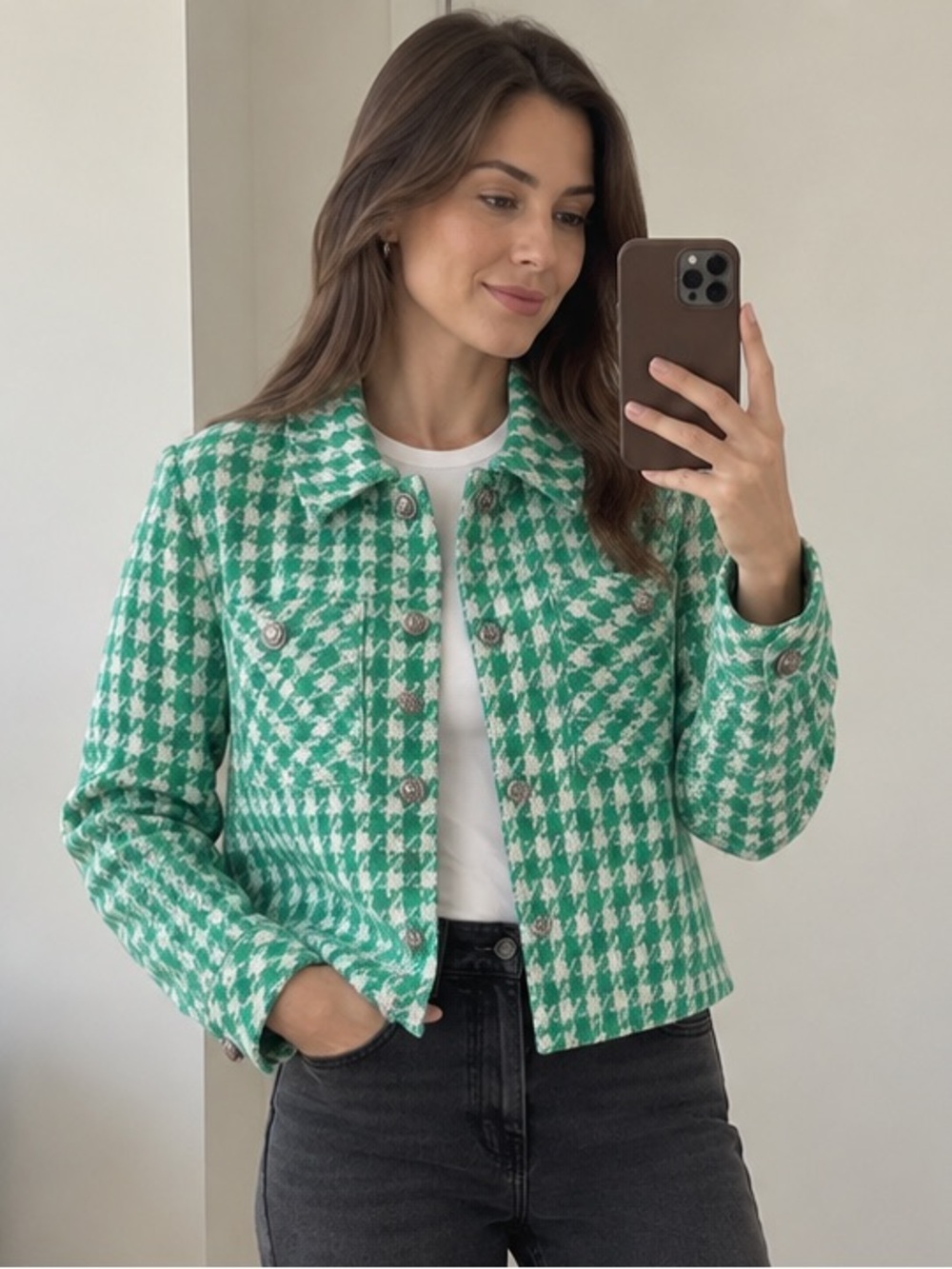 Karl Lagerfeld Paris Green & White Houndstooth Cropped Jacket Size L